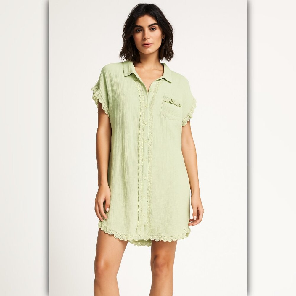 A365 • Sage Green Lace Trim Gauze Button-Down Shirt Dress